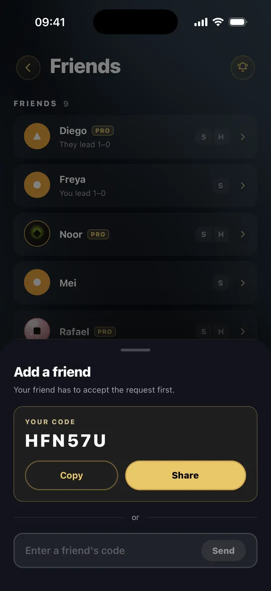 The Add a friend sheet showing your code, Copy and Share, and a field for a friend’s code