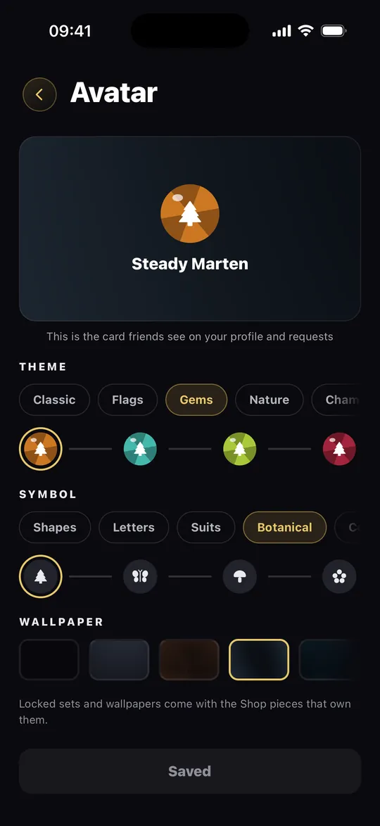 The avatar editor with theme, symbol and wallpaper rows