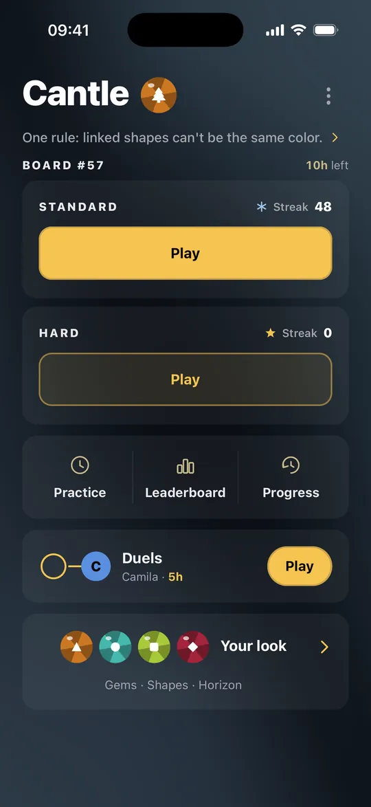Cantle’s Home screen with the Play button, Practice, Leaderboard, Progress, a duel and Your look